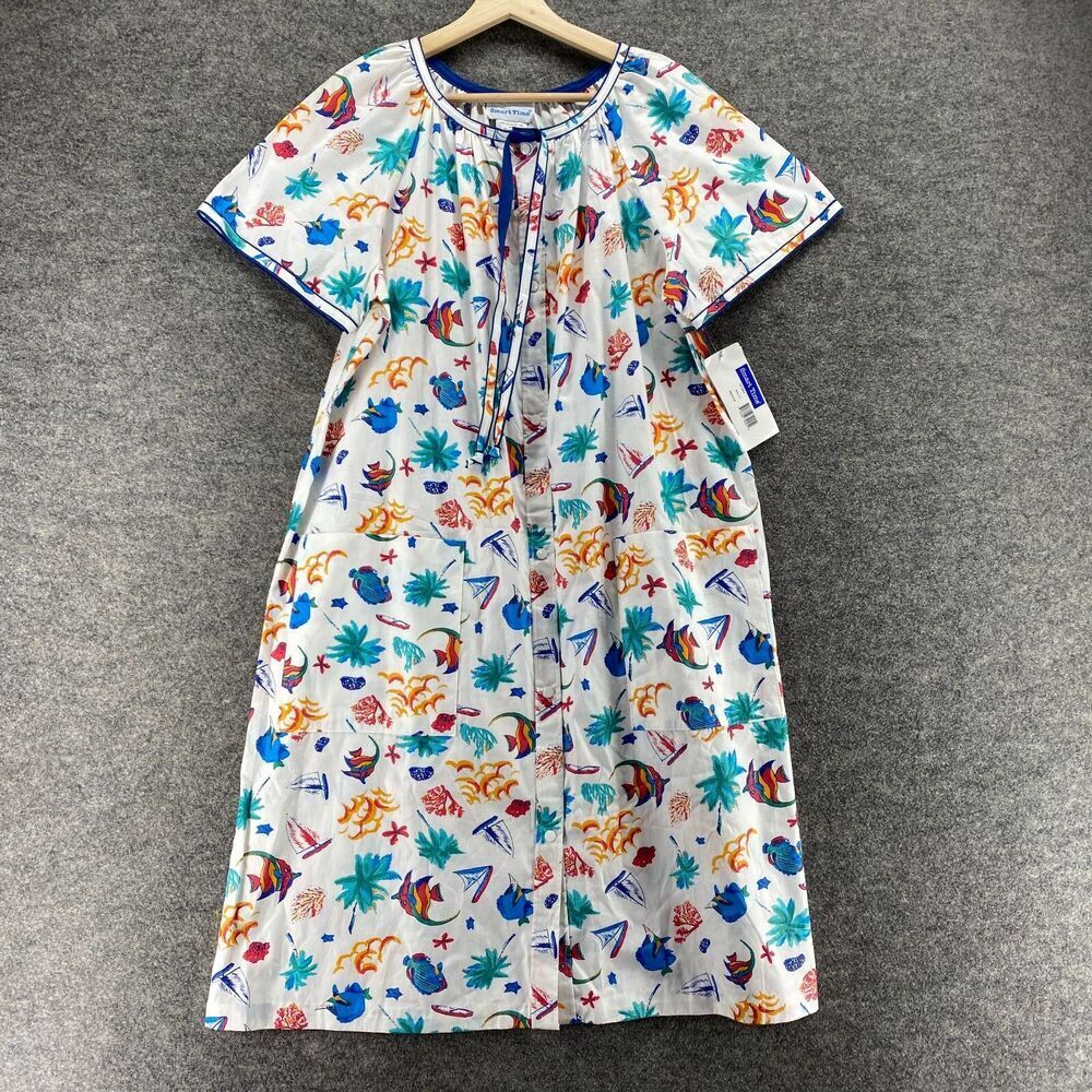 New Smart Time Dress Women M Medium White Floral Sheath Midi Button Cotton
